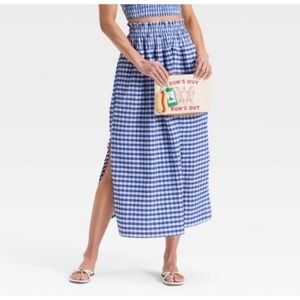 Blue White Gingham Check Midi Skirt High Waisted Elastic Waist Pockets